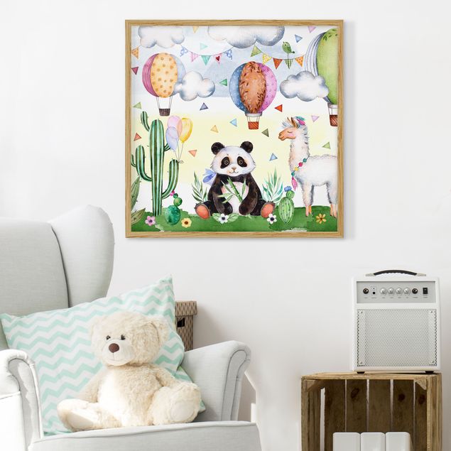 Obrazy w ramie dla dzieci Panda i lama Akwarela