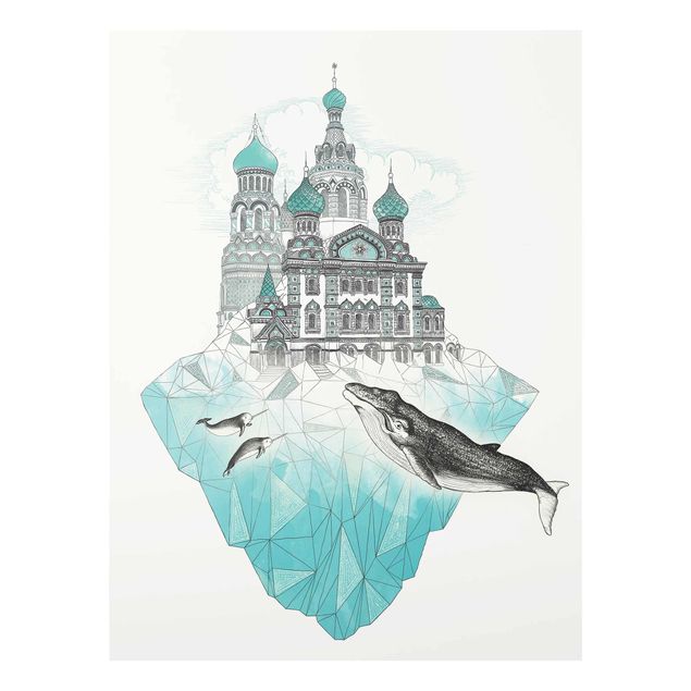Obrazy na szkle zwierzęta Ilustracja kościoła z kopułami i wielorybem