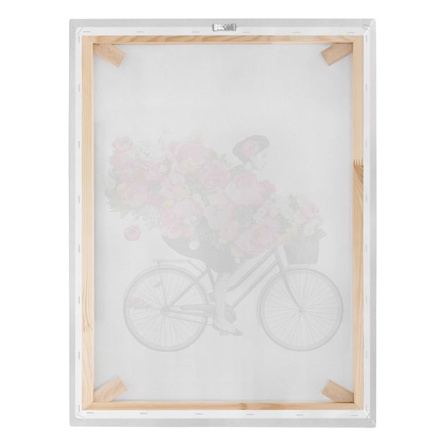 Obrazy motywy kwiatowe Ilustracja Kobieta na rowerze Kolaż kolorowych kwiatów