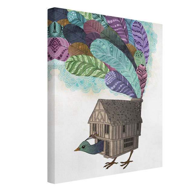 Obrazy nowoczesne Ilustracja domku dla ptaków z piórami