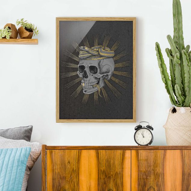 Obrazy w ramie do korytarzu Ilustracja czaszki i węża Czarne złoto