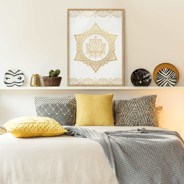 Obrazy w ramie do korytarzu Mandala Lotus Ilustracja Ornament z białego złota