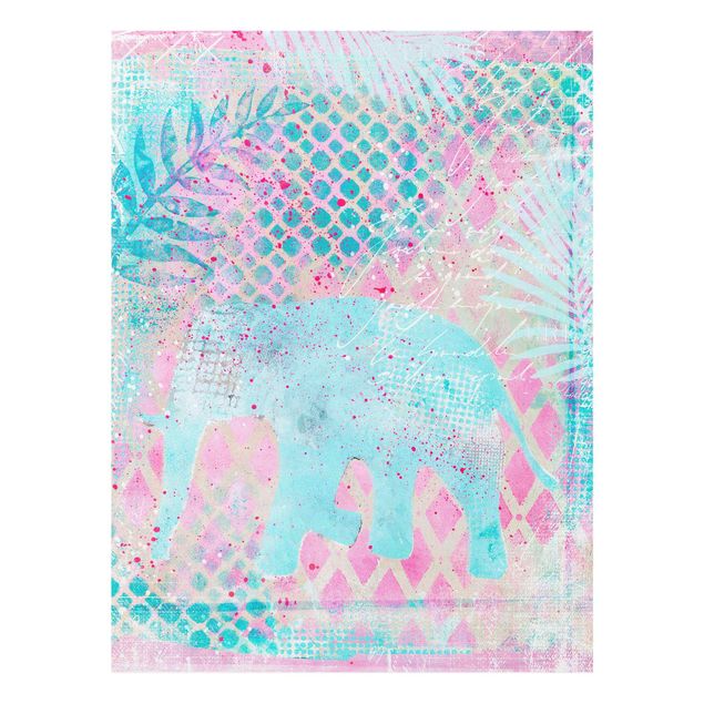 Nowoczesne obrazy do salonu Kolorowy kolaż - słoń w kolorze niebieskim i różowym