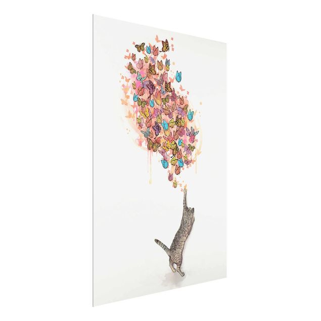 Obrazy na szkle artyści Ilustracja kot z kolorowymi motylami malarstwo