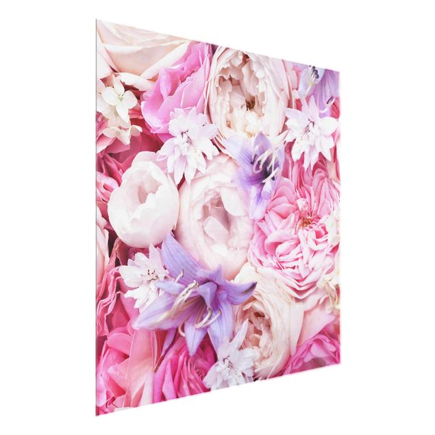 Obrazy na szkle kwadrat Róże w stylu shabby z kwiatami dzwonków