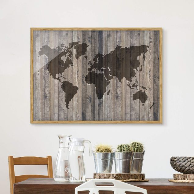Obrazy w ramie do korytarzu Mapa świata z drewna