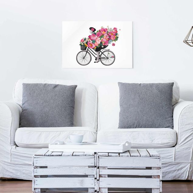 Dekoracja do kuchni Ilustracja Kobieta na rowerze Kolaż kolorowych kwiatów