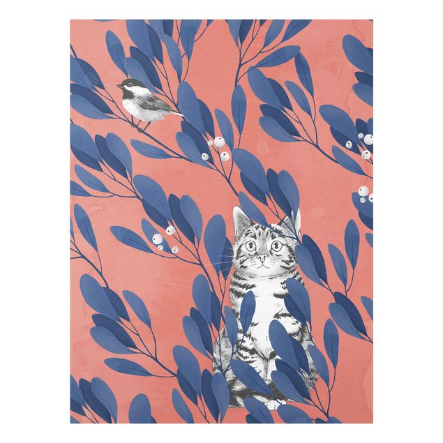 Obrazy na szkle zwierzęta Ilustracja przedstawiająca kota i ptaka na gałęzi Niebieskoczerwony