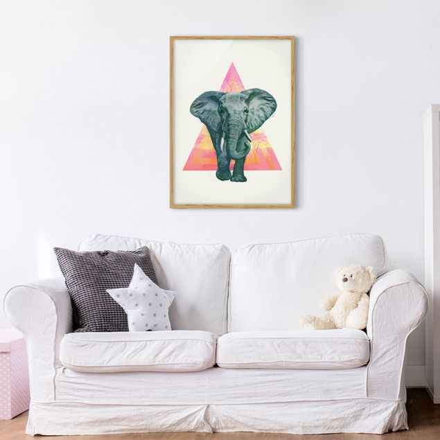 Obrazy w ramie do korytarzu Ilustracja przedstawiająca słonia na tle trójkątnego obrazu