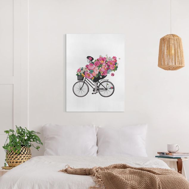 Nowoczesne obrazy do salonu Ilustracja Kobieta na rowerze Kolaż kolorowych kwiatów
