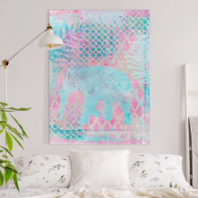 Dekoracja do kuchni Kolorowy kolaż - słoń w kolorze niebieskim i różowym