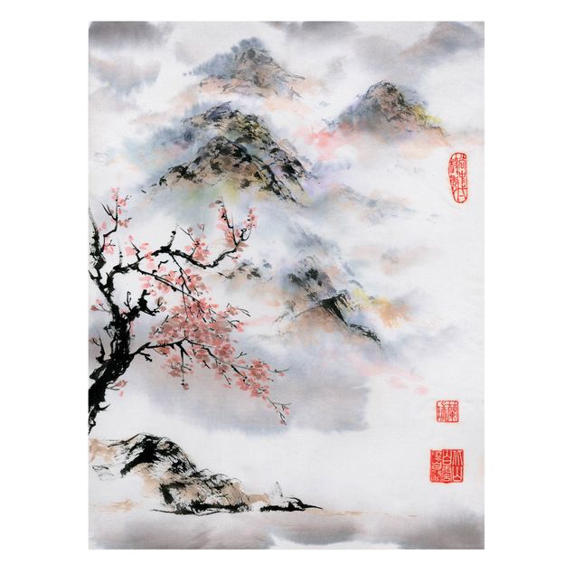 Obrazy krajobraz Japońska akwarela Drzewo wiśniowe i góry