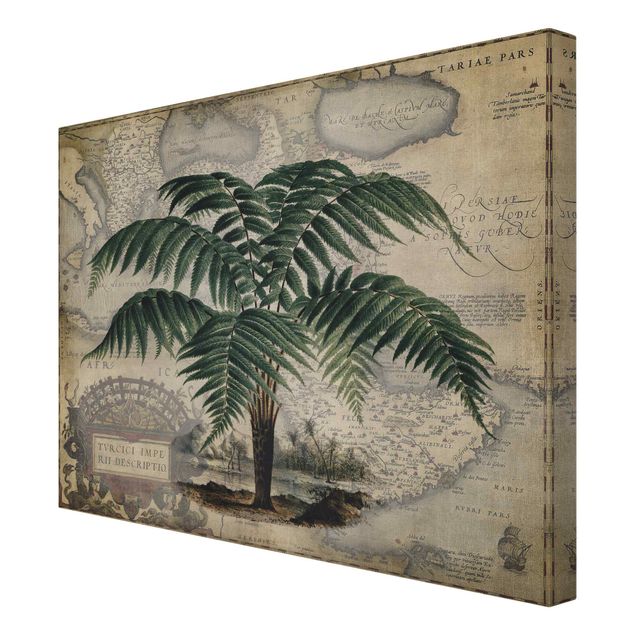Obrazy retro Kolaż w stylu vintage - drzewo palmowe i mapa świata