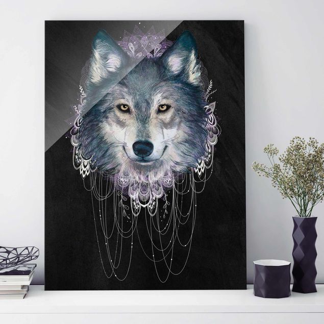 Artystyczne obrazy Ilustracja wilka z boho łowcą snów Czarna