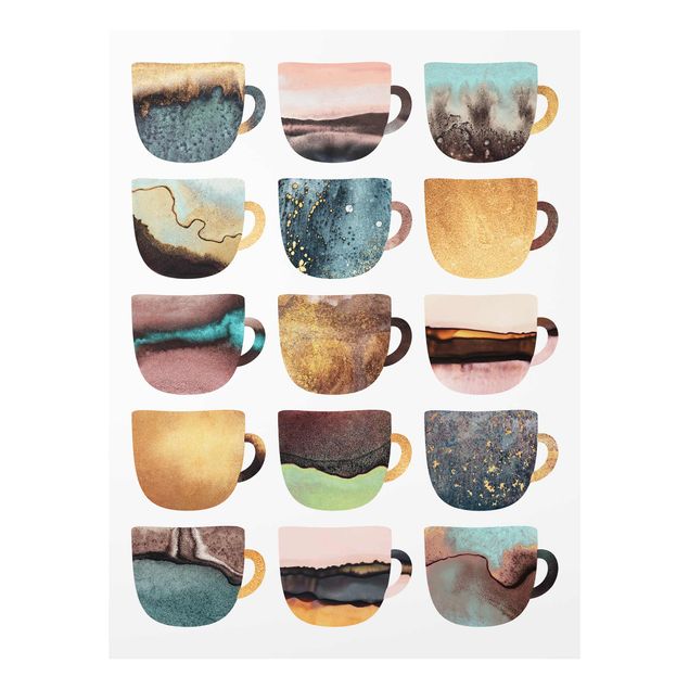 Obrazy na szkle artyści Kolorowe filiżanki do kawy w kolorze złotym