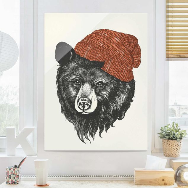 Czarno białe obrazy Ilustracja Niedźwiedź z czerwoną czapką Rysunek