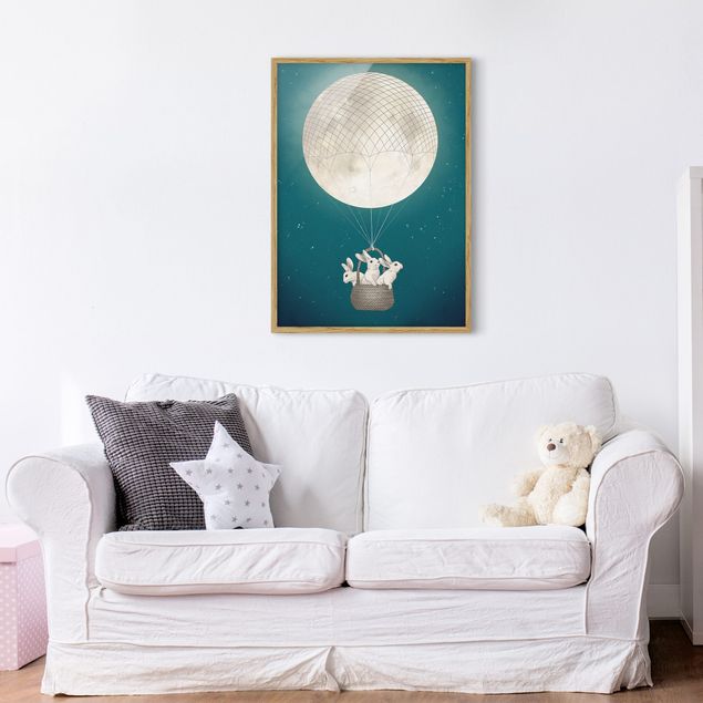 Obrazy w ramie do łazienki Ilustracja królik Księżyc Balon na ogrzane powietrze Gwieździste niebo