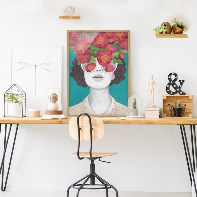 Obrazy w ramie do łazienki Ilustracja portret kobiety Kolaż z kwiatami Okulary
