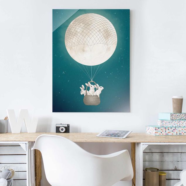 Dekoracja do kuchni Ilustracja królik Księżyc Balon na ogrzane powietrze Gwieździste niebo