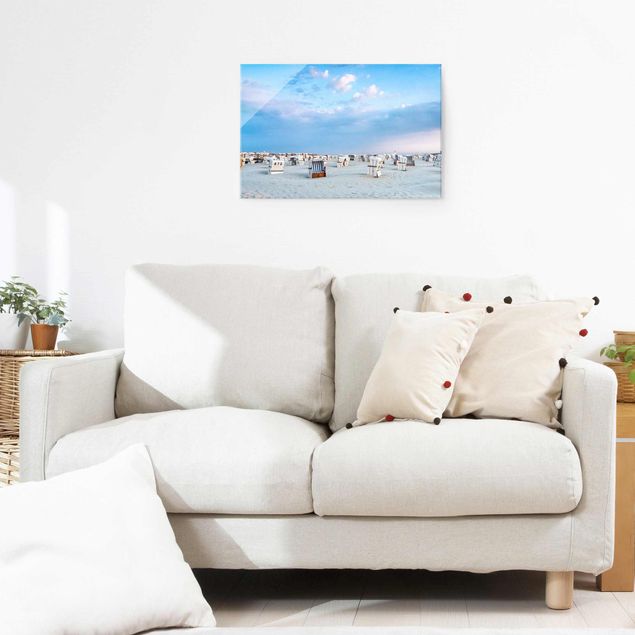 Obrazy na szkle poziomy Krzesła plażowe nad Morzem Północnym