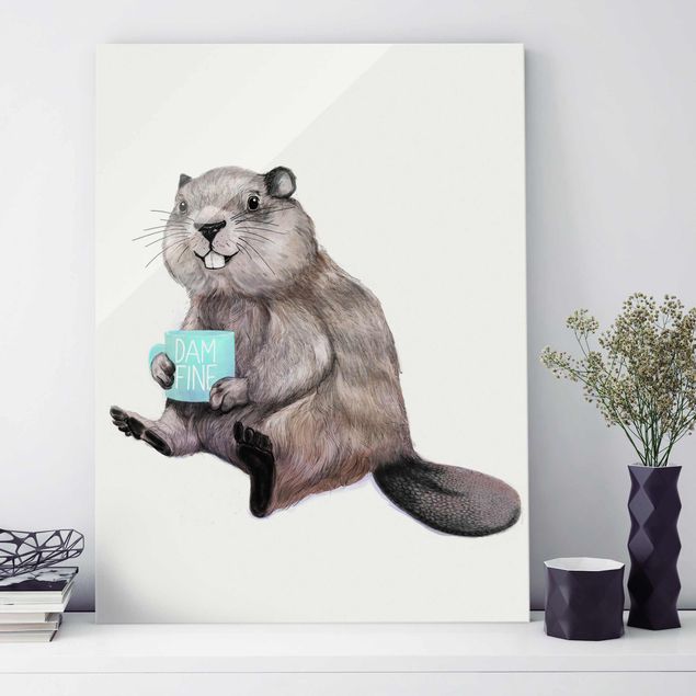 Obraz brązowy Ilustracja przedstawiająca bobra z filiżanką kawy