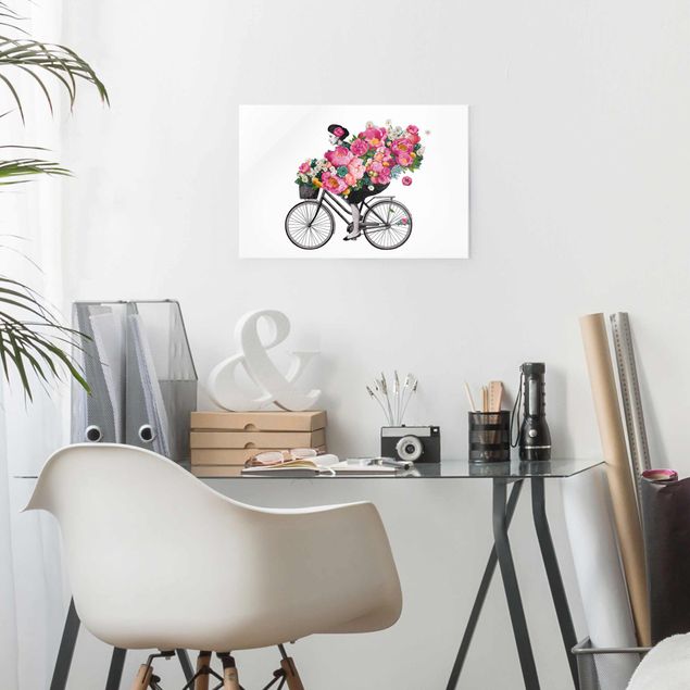 Obrazy na szkle artyści Ilustracja Kobieta na rowerze Kolaż kolorowych kwiatów