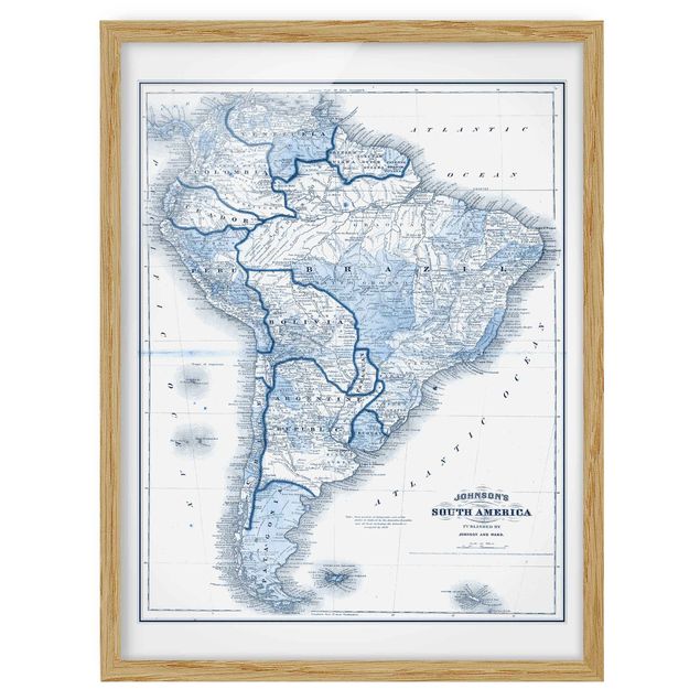Obrazy w ramie do kuchni Mapa w odcieniach błękitu - Ameryka Południowa