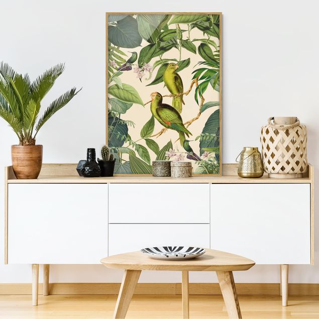 Obrazy w ramie do korytarzu Kolaże w stylu vintage - Papugi w dżungli