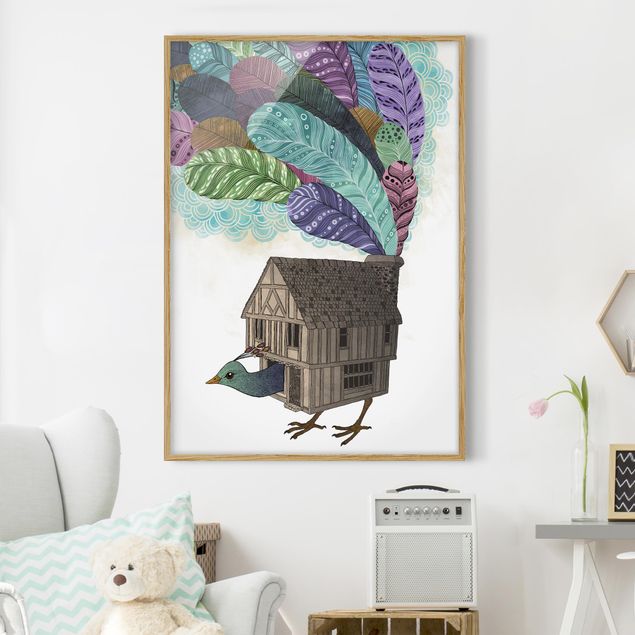 Dekoracja do kuchni Ilustracja domku dla ptaków z piórami