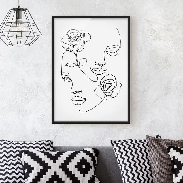 Obrazy w ramie artystyczny Line Art Twarze kobiet Róże czarno-biały