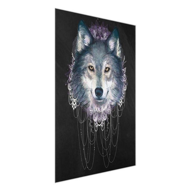 Obrazy na szkle zwierzęta Ilustracja wilka z boho łowcą snów Czarna