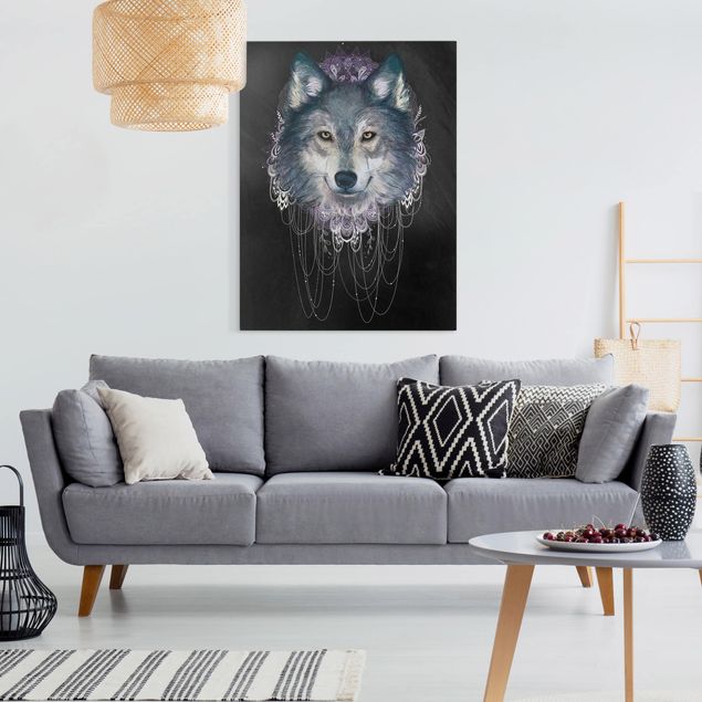 Nowoczesne obrazy do salonu Ilustracja wilka z boho łowcą snów Czarna