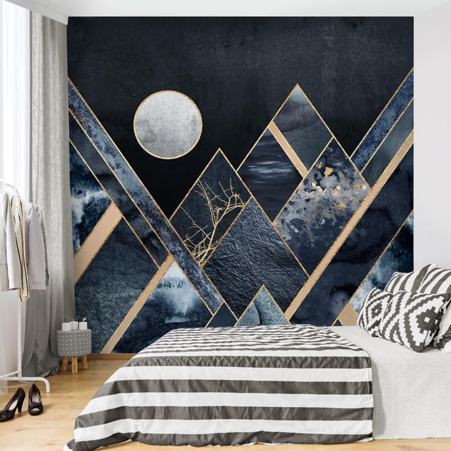 Niebieskie tapety Złoty księżyc abstrakcyjne czarne góry