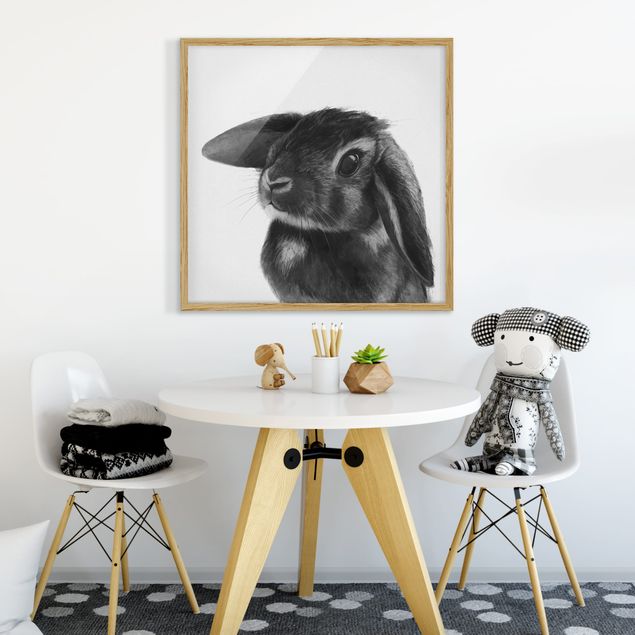 Obrazy w ramie do łazienki Ilustracja królik czarno-biały rysunek