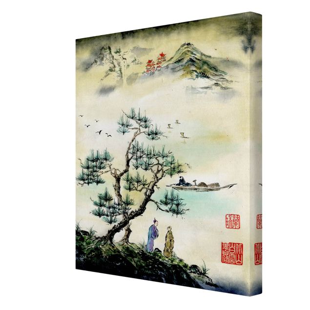 Obrazy vintage Japońska akwarela Drzewo sosnowe i górska wioska
