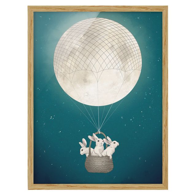 Obrazy w ramie do kuchni Ilustracja królik Księżyc Balon na ogrzane powietrze Gwieździste niebo