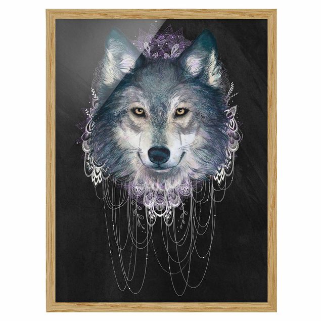 Obrazy w ramie do kuchni Ilustracja wilka z boho łowcą snów Czarna