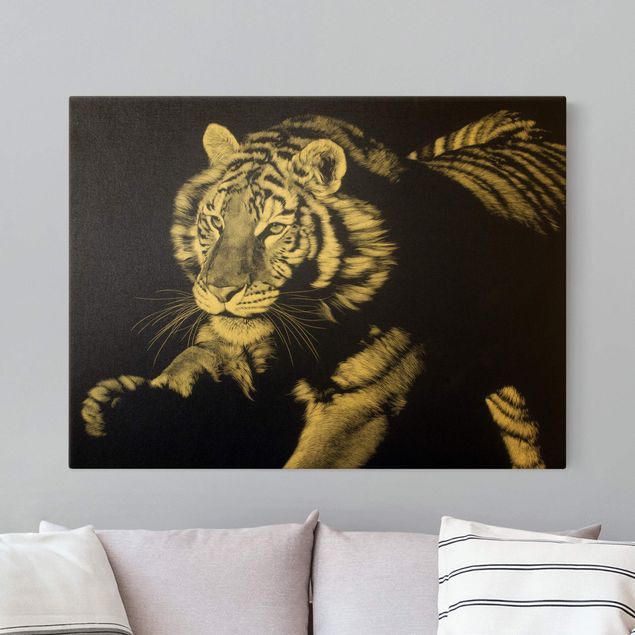 Obrazy zwierzęta Tygrys w świetle słonecznym na tle czarnego nieba