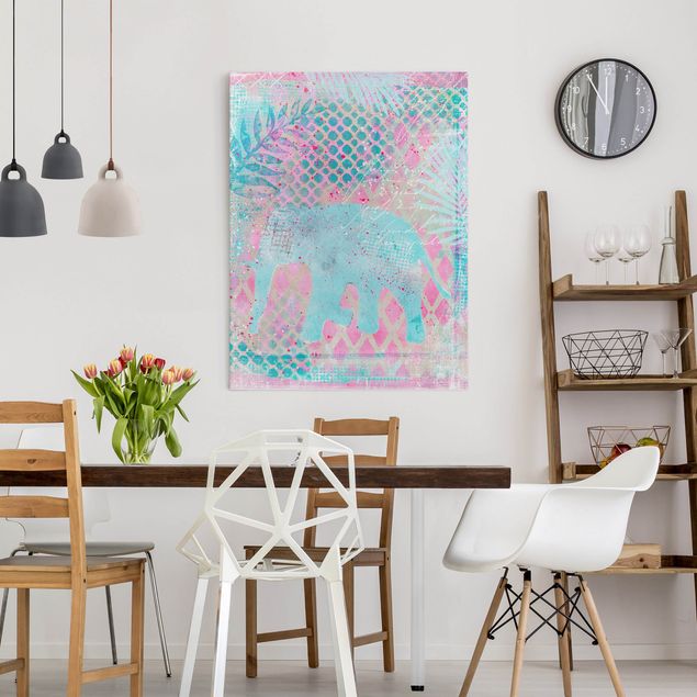 Obrazy nowoczesny Kolorowy kolaż - słoń w kolorze niebieskim i różowym