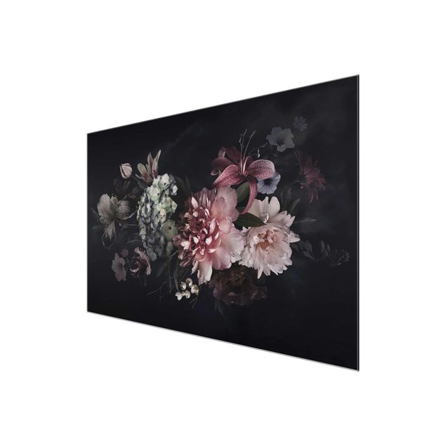 Obrazy nowoczesny Kwiaty z mgłą na czarnym tle