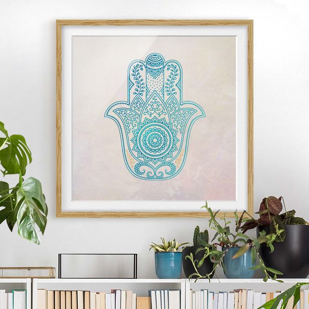 Dekoracja do kuchni Hamsa Ręczna ilustracja Mandala złoty niebieski