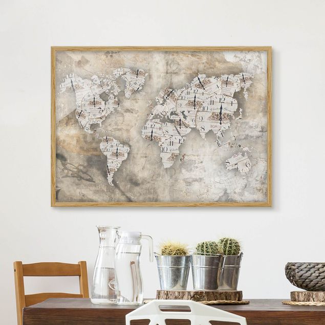 Dekoracja do kuchni Zegary shabby Mapa świata