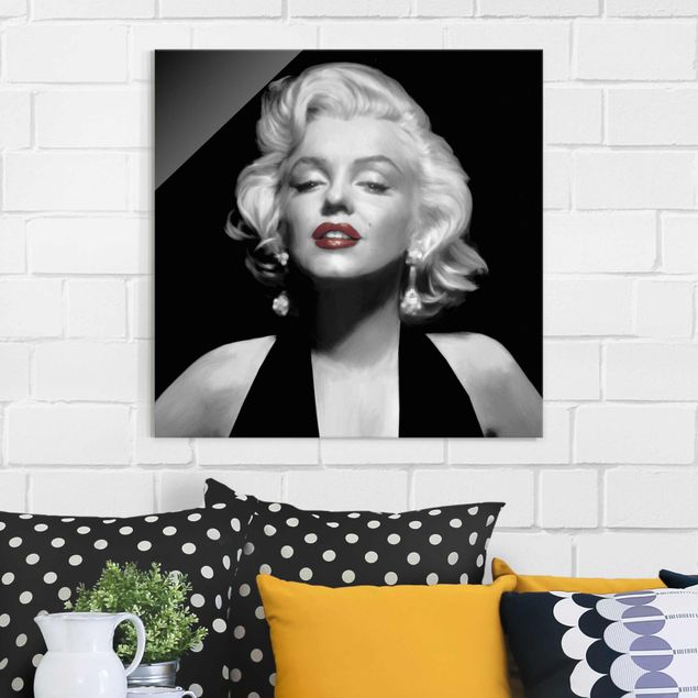 Obrazy na szkle kwadrat Marilyn z czerwonymi ustami