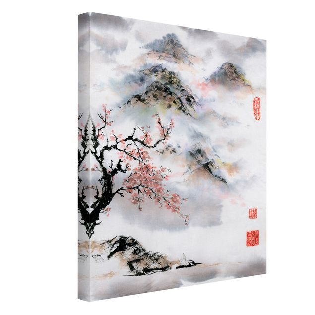Obraz drzewo Japońska akwarela Drzewo wiśniowe i góry