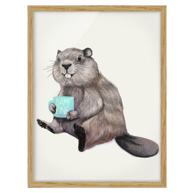 Obrazy w ramie do łazienki Ilustracja przedstawiająca bobra z filiżanką kawy