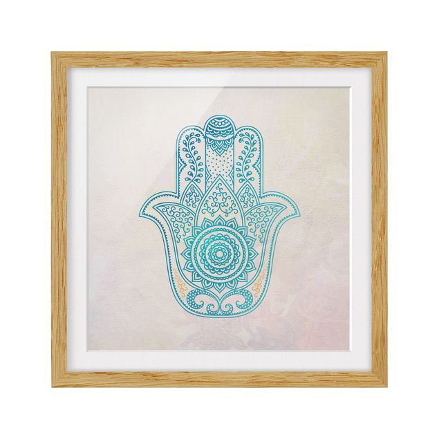 Obrazy w ramie do kuchni Hamsa Ręczna ilustracja Mandala złoty niebieski