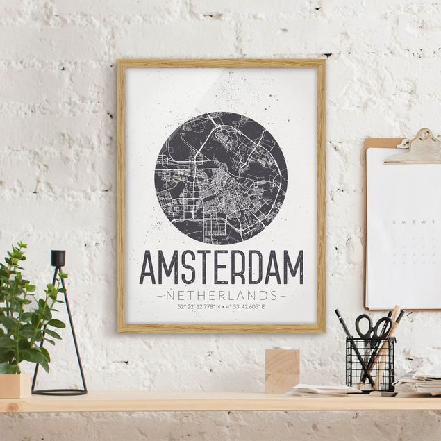Obrazy w ramie do korytarzu Mapa miasta Amsterdam - Retro