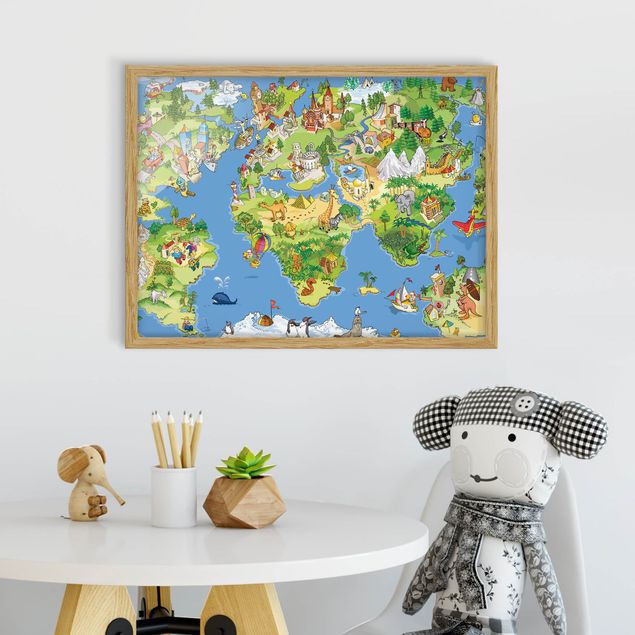 Obrazy w ramie dla dzieci Wielka i śmieszna mapa świata