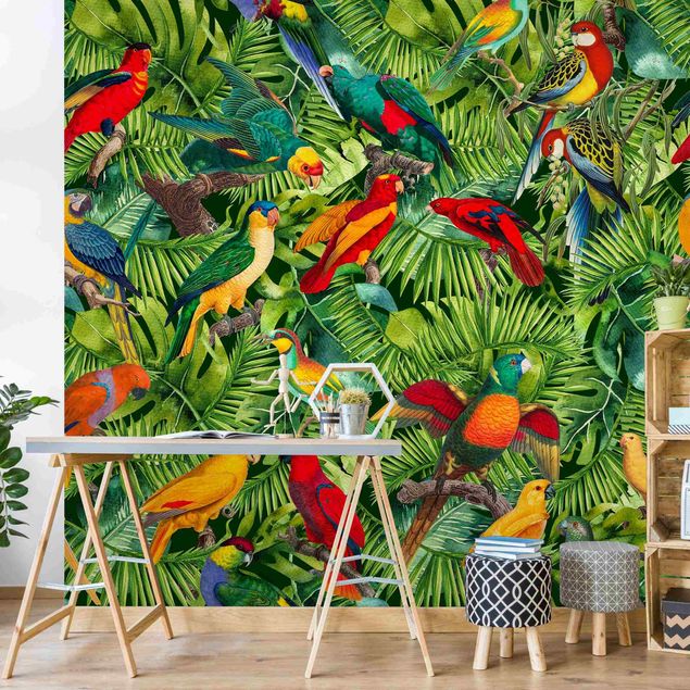 Tapeta w kwiaty Colourful Collage - Parrots In The Jungle