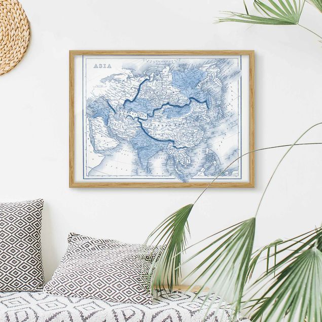 Obrazy w ramie do korytarzu Mapa w odcieniach niebieskiego - Azja